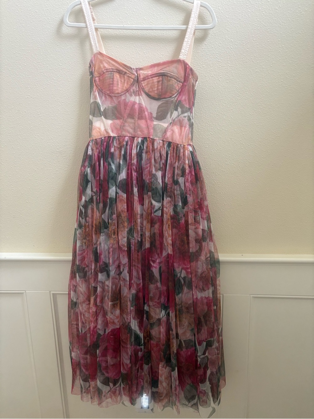 Dolce & Gabbana Pink Floral Mesh Midi Dress with Green Leaf Accents